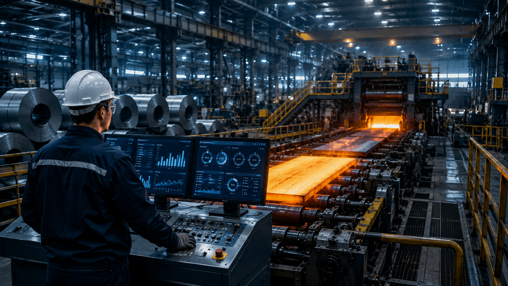 Site métallurgique moderne avec machines, fours industriels et contrôle qualité